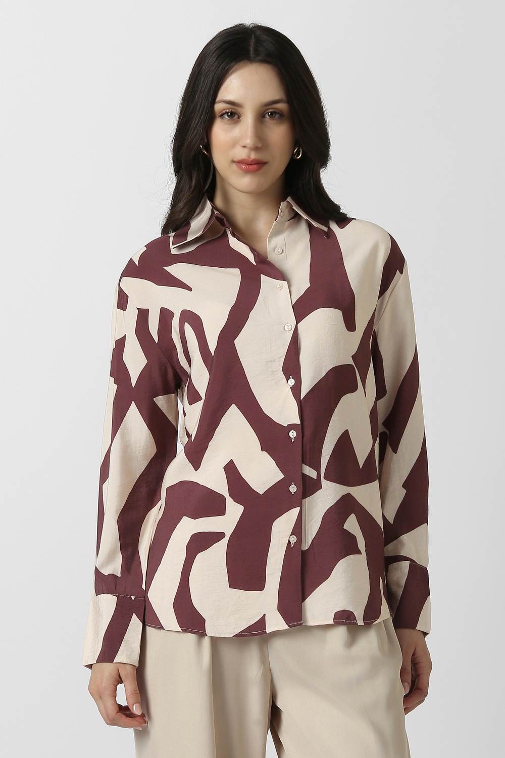 Women Beige Print Long Sleeves Party Shirt