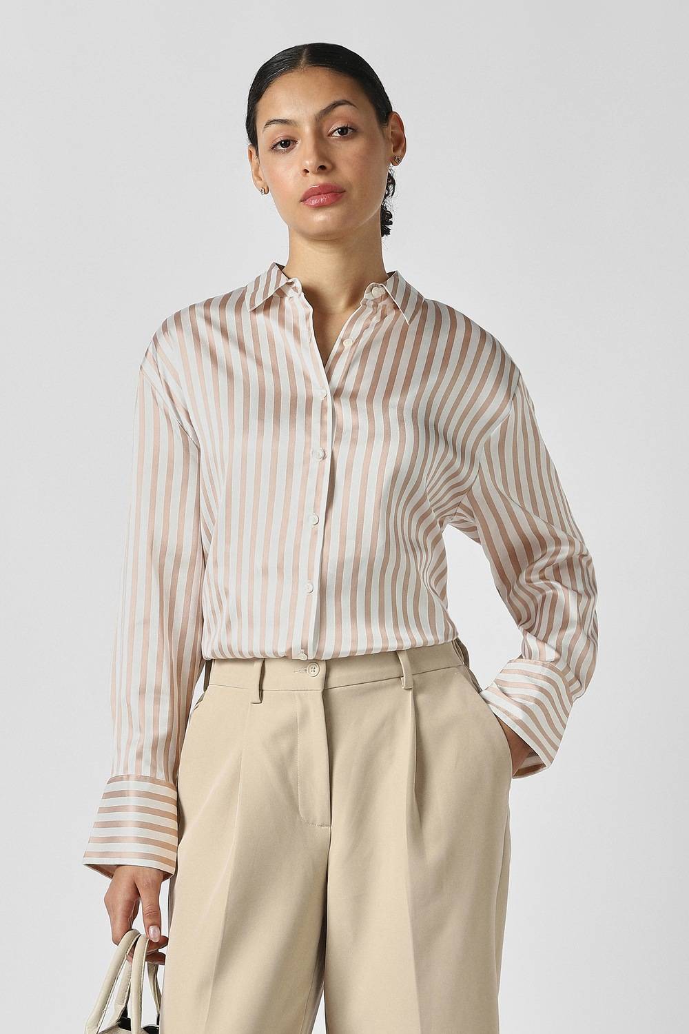 Women Beige Stripe Long Sleeves Formal Shirt