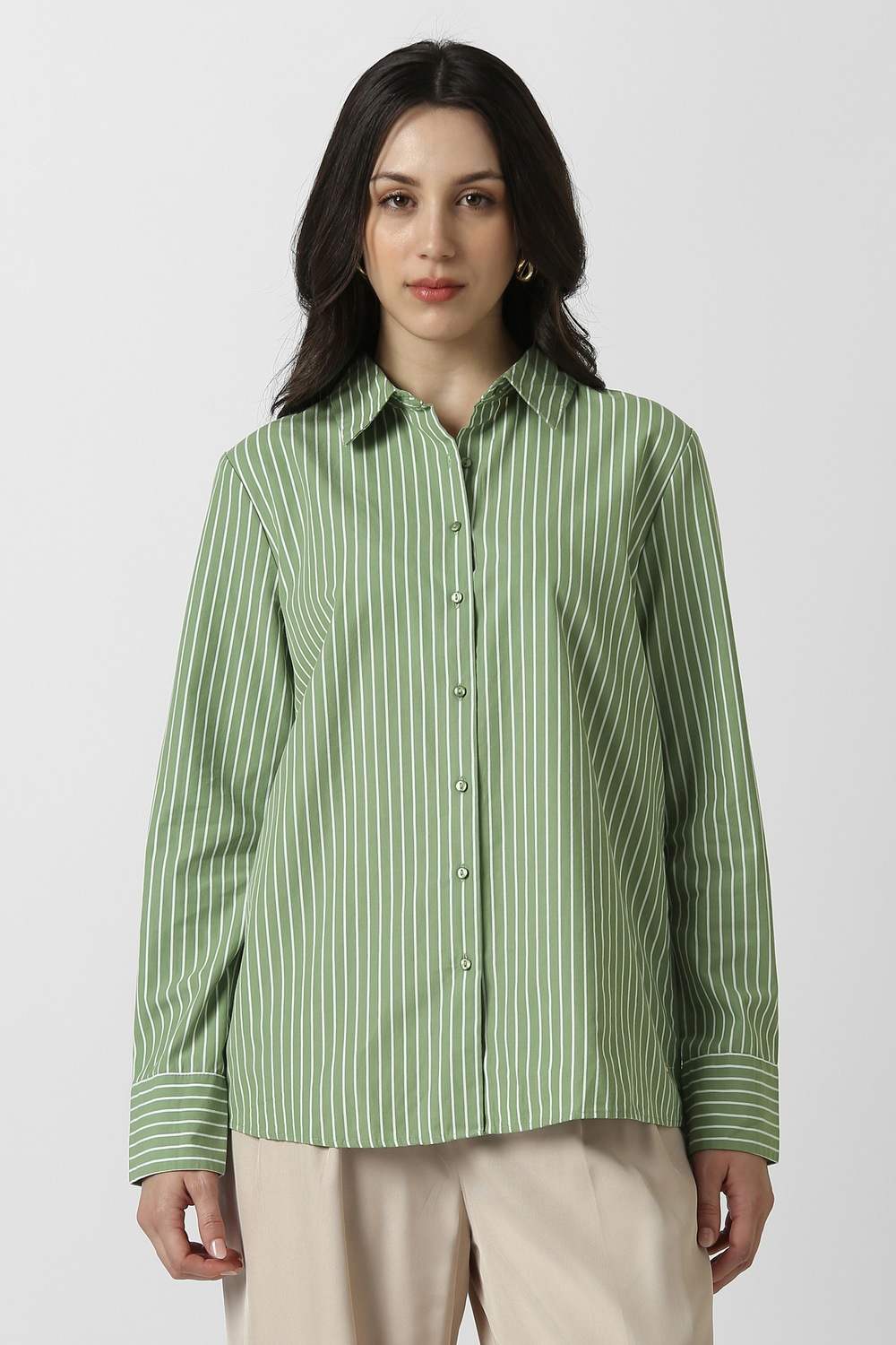 Women Green Stripe Long Sleeves Formal Shirt