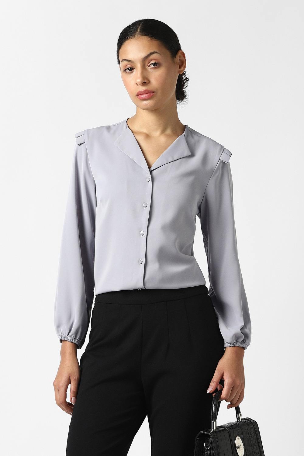 Women Grey Solid Long Sleeves Formal Shirt