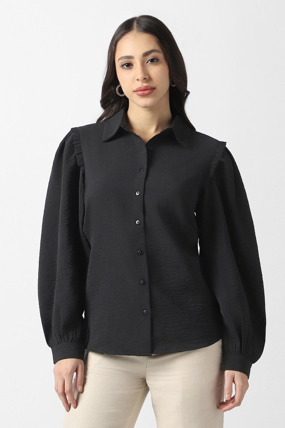 Women Black Solid Long Sleeves Casual Shirt