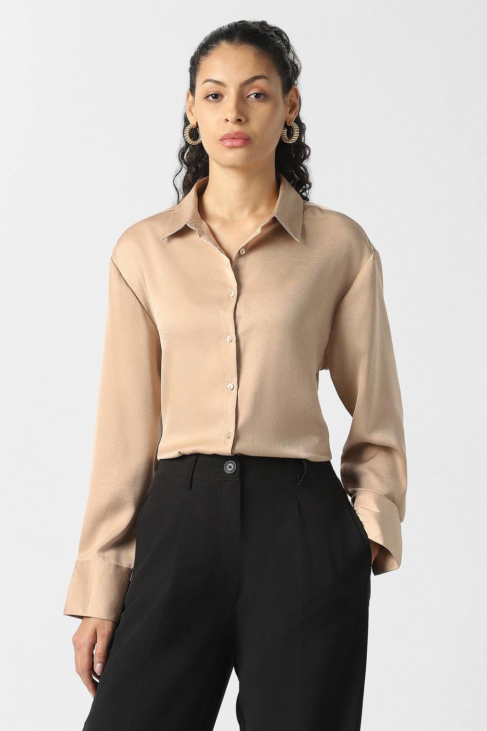 Women Beige Textured Long Sleeves Formal Shirt
