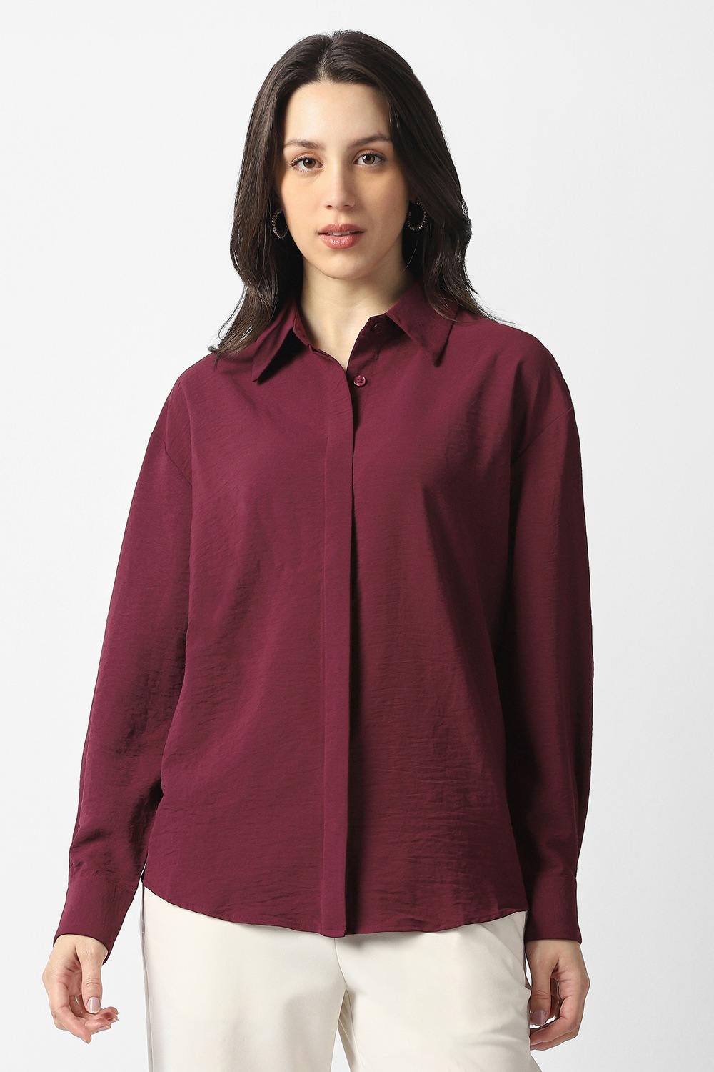 Women Maroon Solid Long Sleeves Casual Shirt