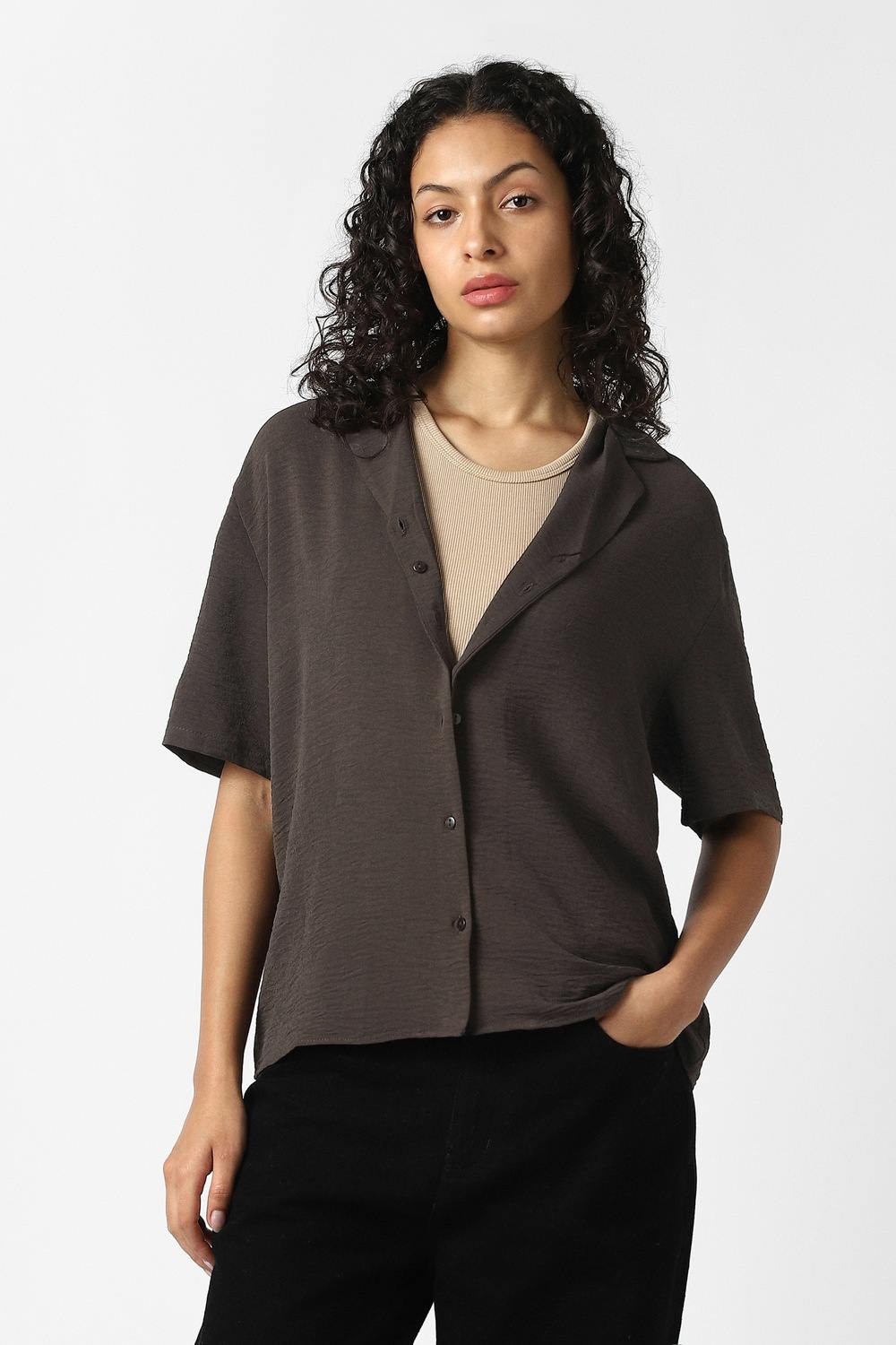 Women Brown Solid Short Sleeves Formal Shirt
