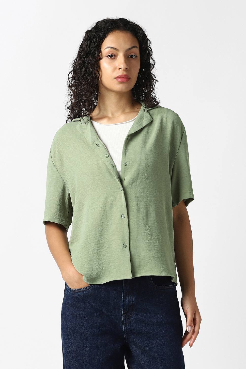 Women Green Solid Short Sleeves Formal Shirt