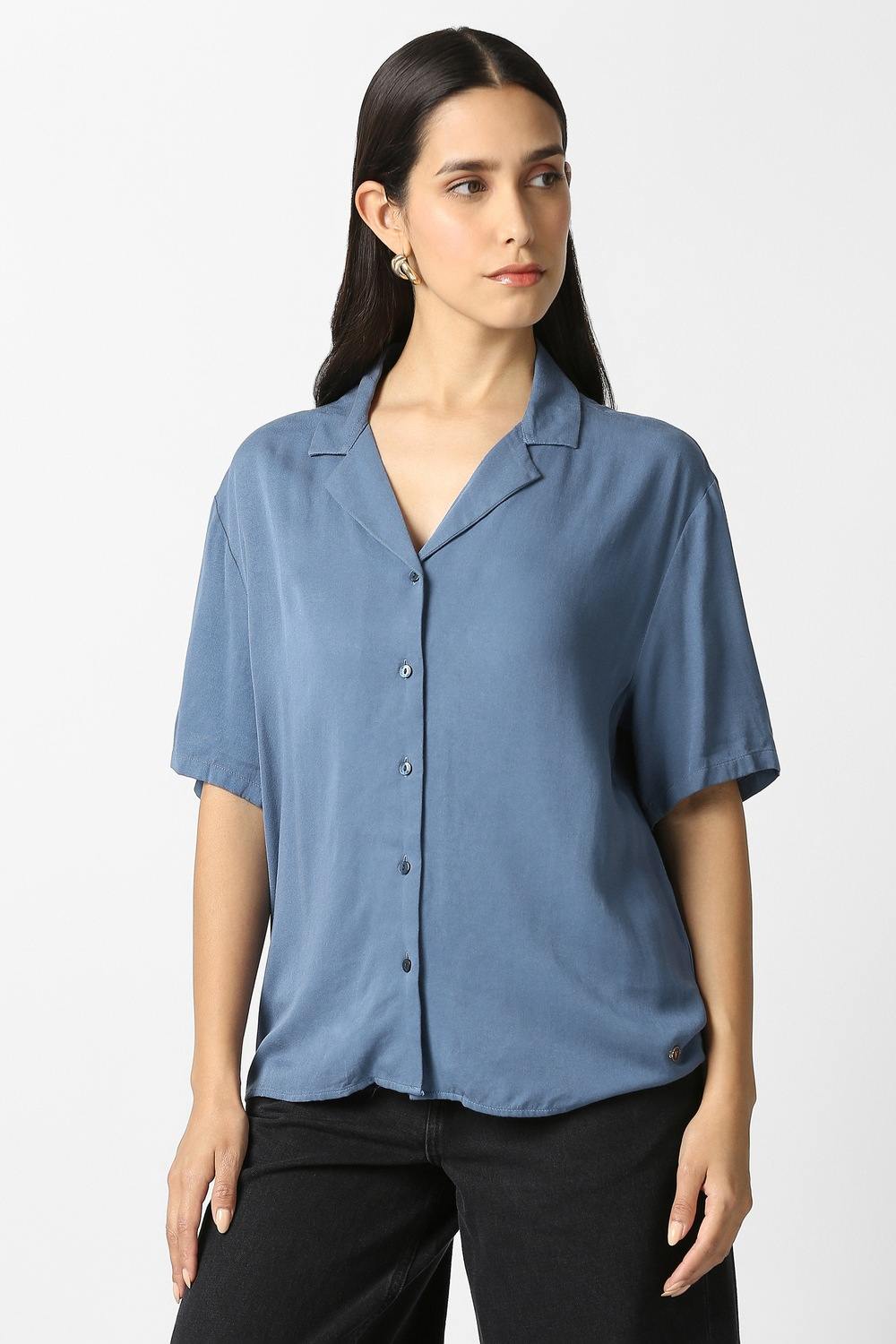 Women Light Blue Solid Short Sleeves Casual Shirt