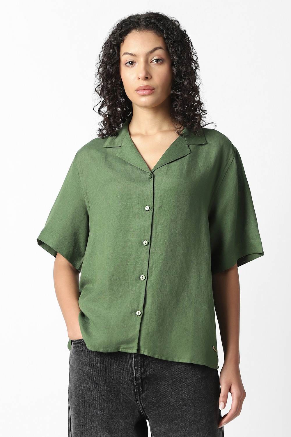 Women Green Solid Short Sleeves Formal Shirt