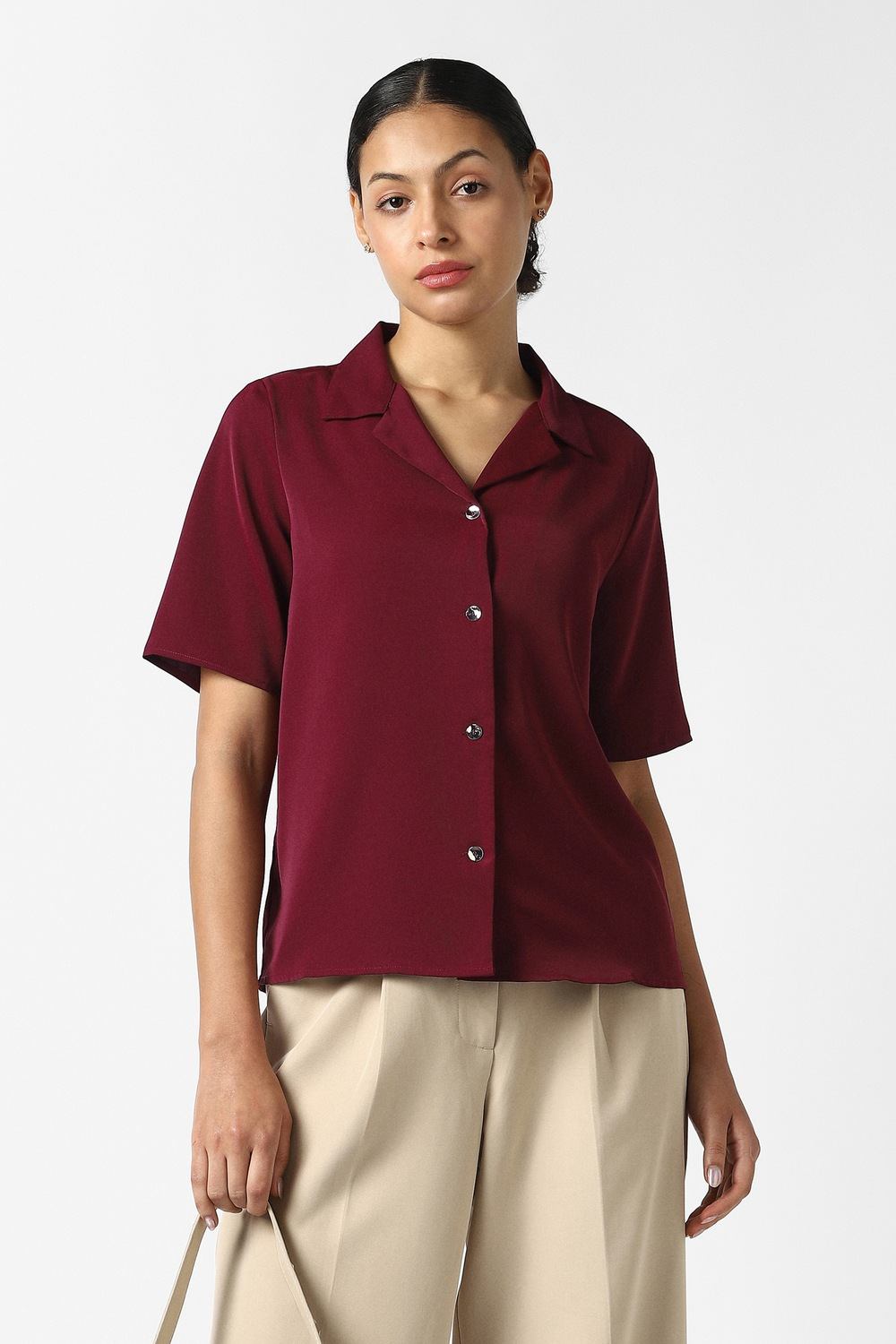 Women Maroon Solid Short Sleeves Formal Shirt
