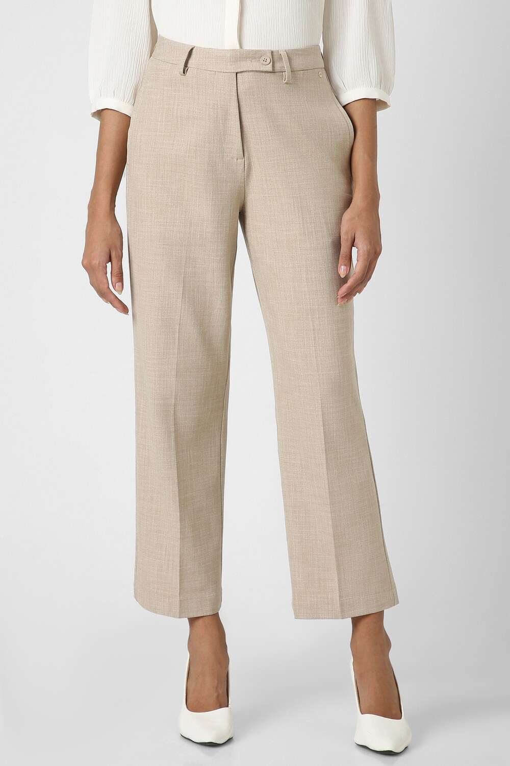 Women Beige Textured Formal Regular Fit Trousers