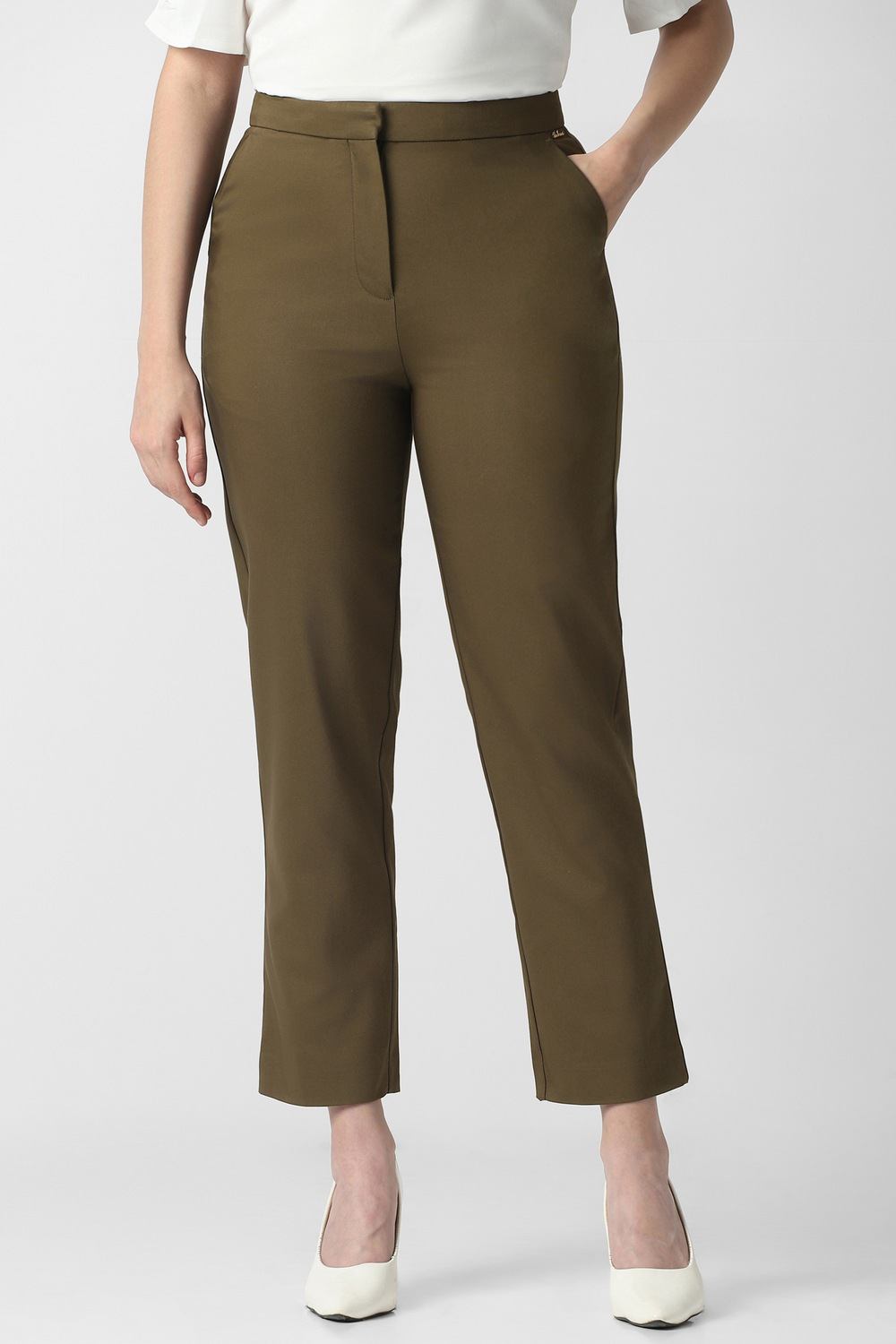 Women Olive Solid Formal Trousers