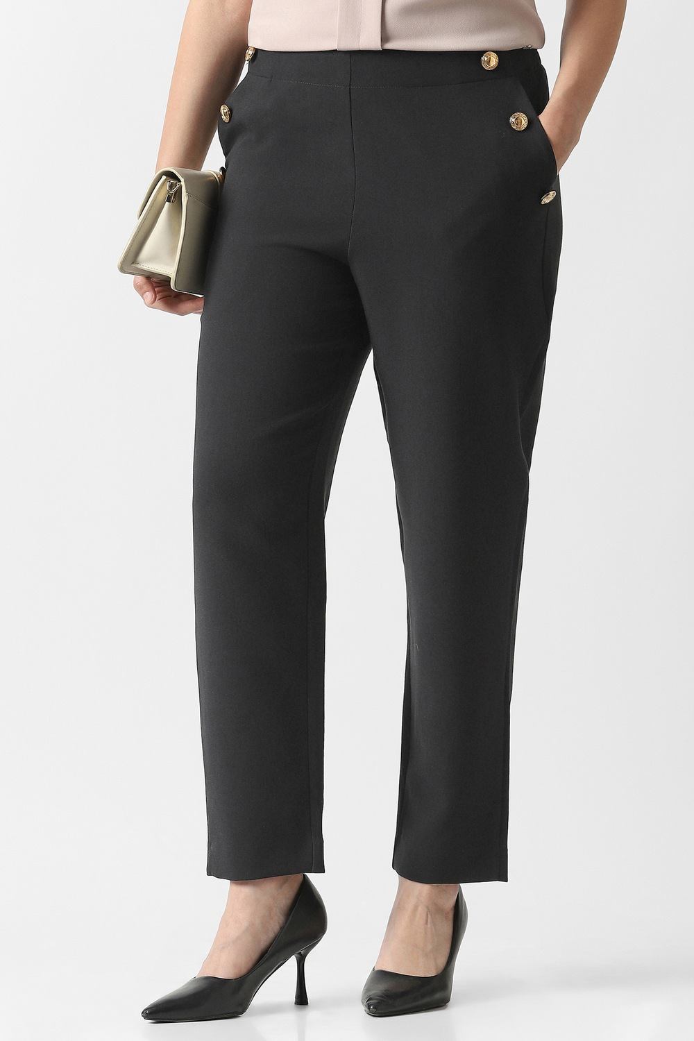 Women Black Solid Casual Trousers