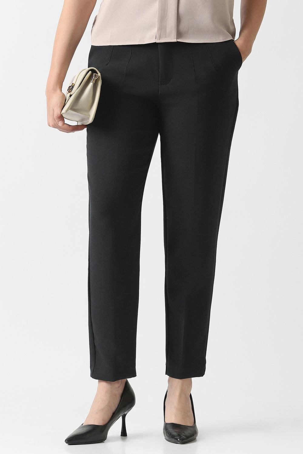 Women Black Solid Casual Trousers