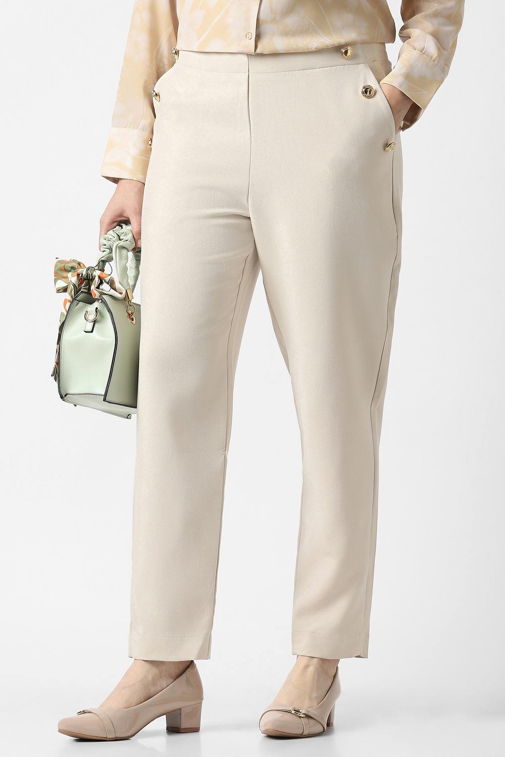 Women Beige Solid Casual Trousers