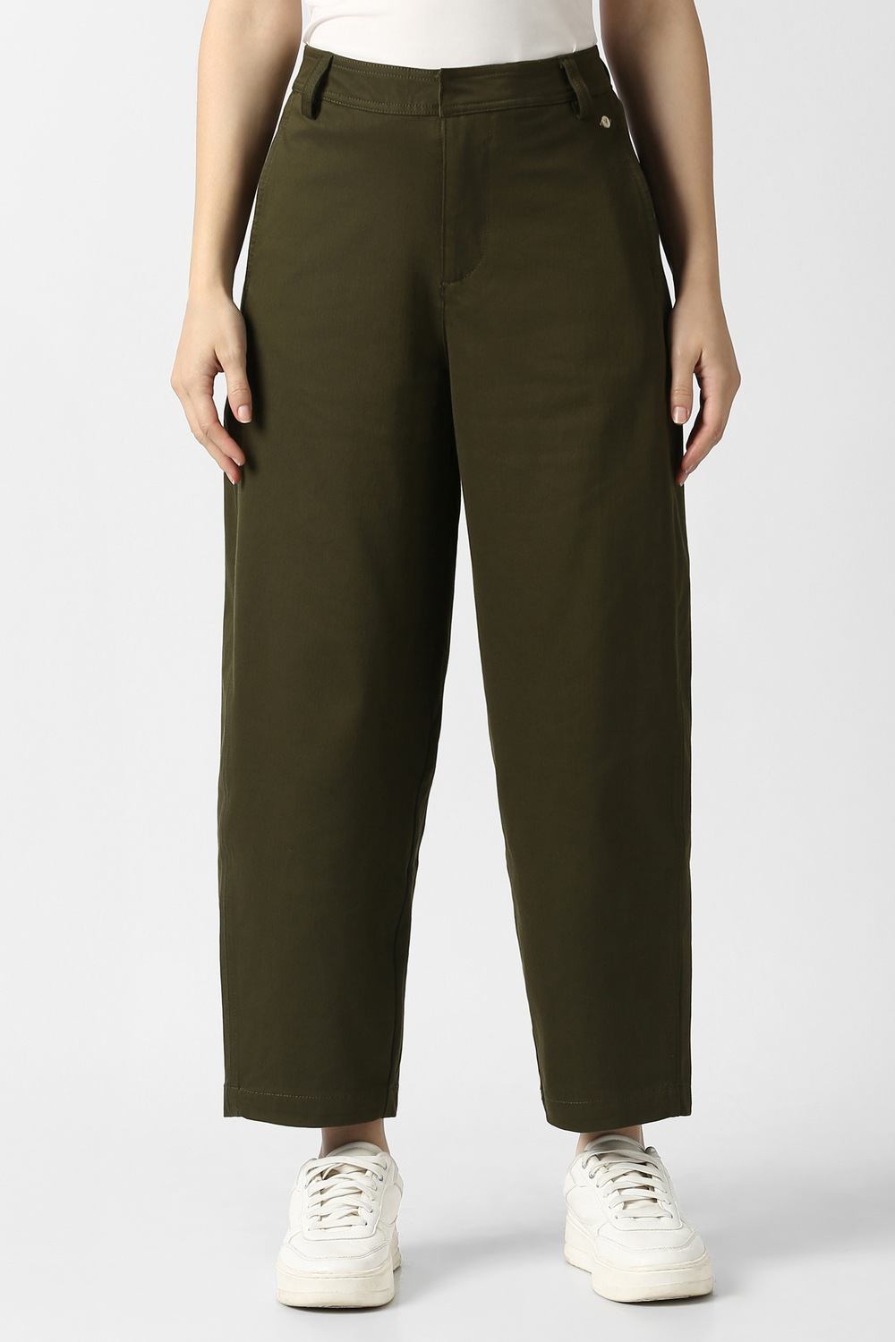 Women Olive Solid Casual Trousers