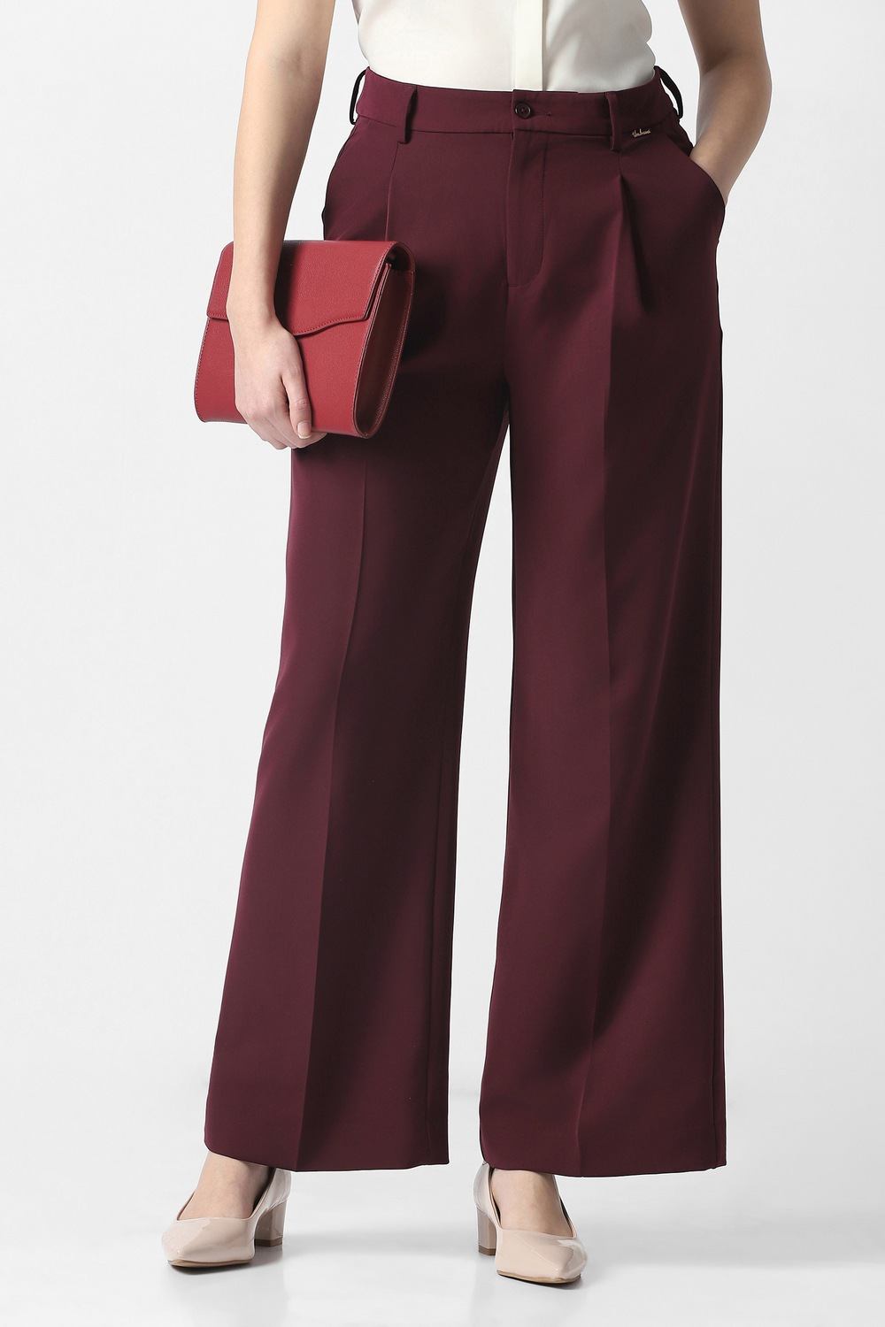 Women Maroon Solid Formal Trousers