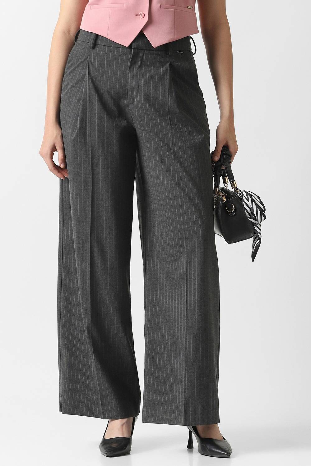 Women Grey Stripe Formal Trousers