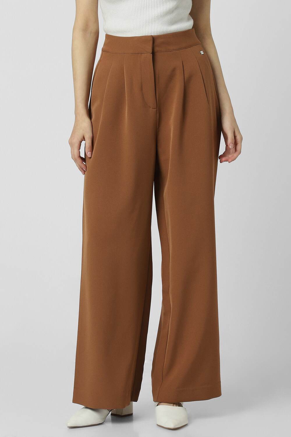 Women Brown Solid Casual Regular Fit Trousers