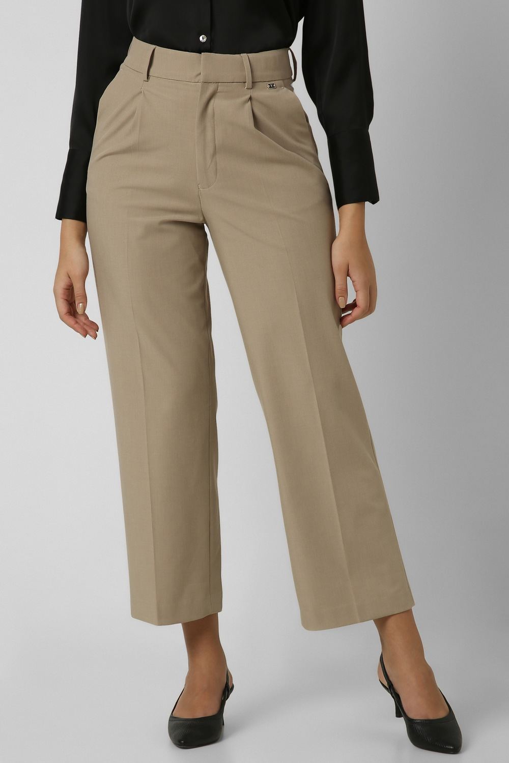 Women Khaki Solid Casual Regular Fit Trousers
