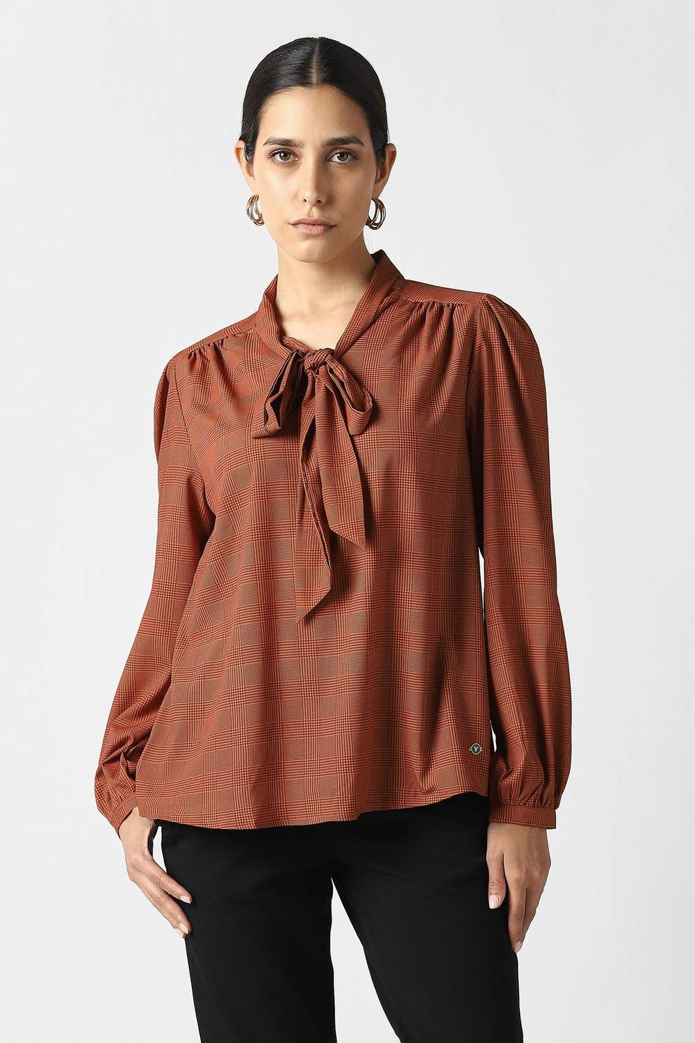 Women Brown Check Formal Stylized Neck Top