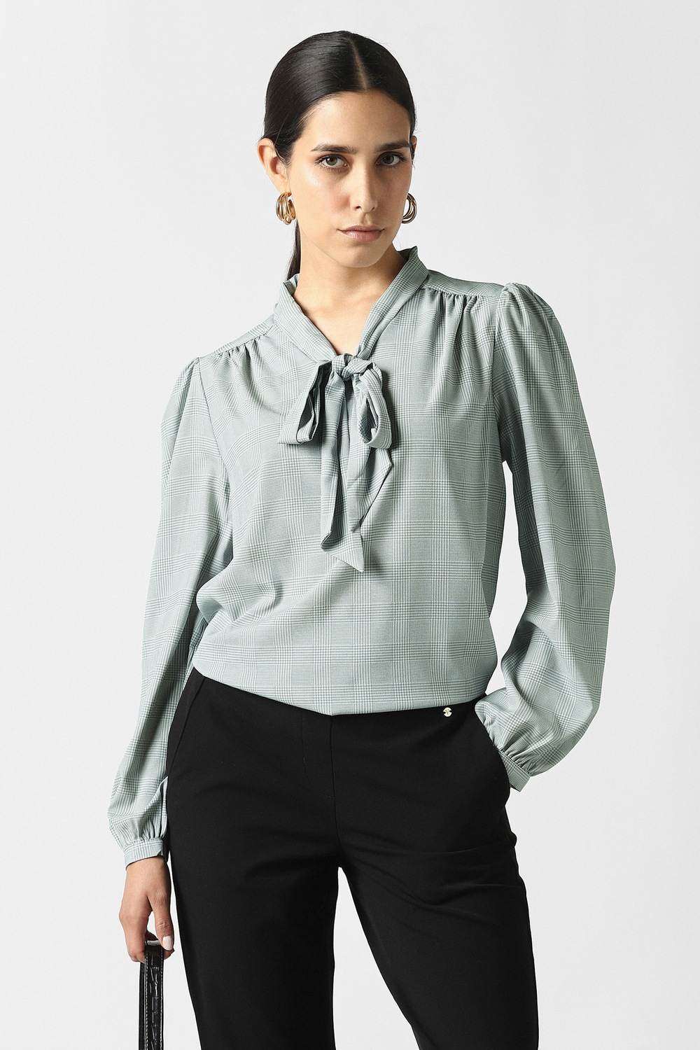 Women Grey Check Formal Stylized Neck Top