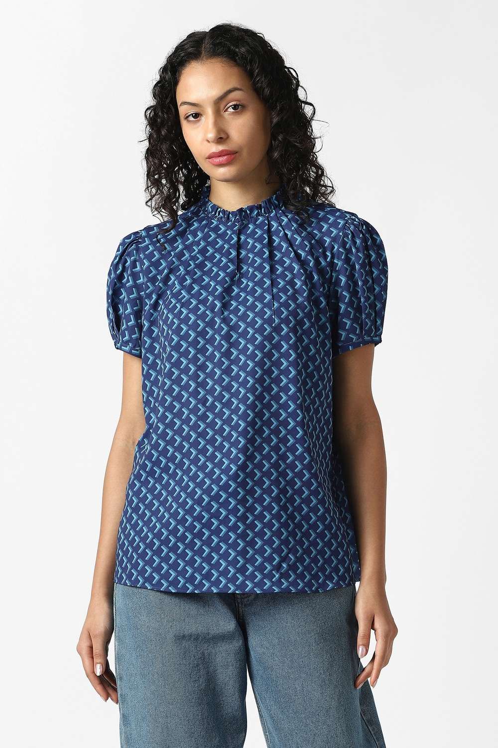 Women Blue Print Formal Round Neck Top