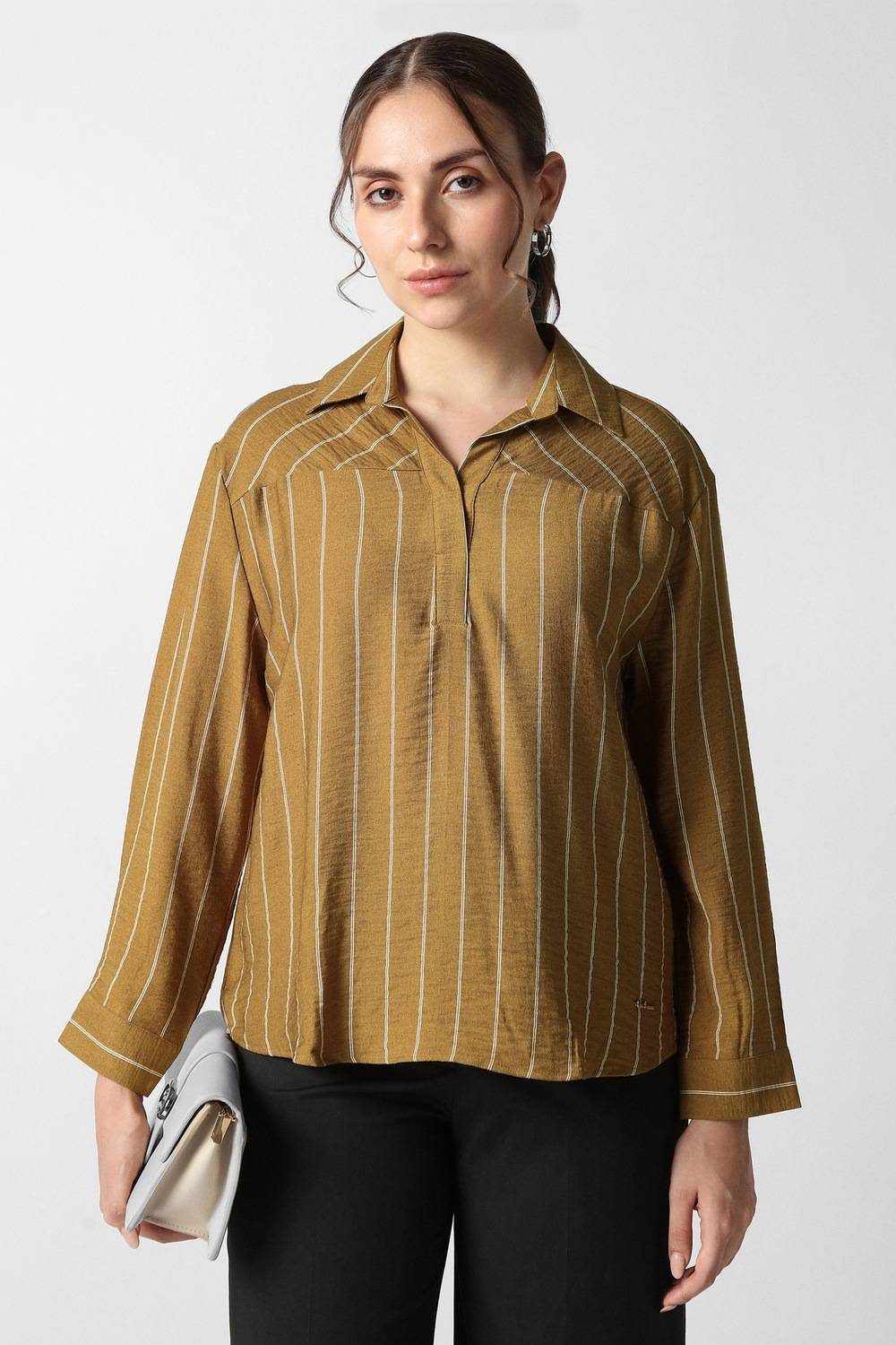 Women Yellow Stripe Formal Stylized Neck Top