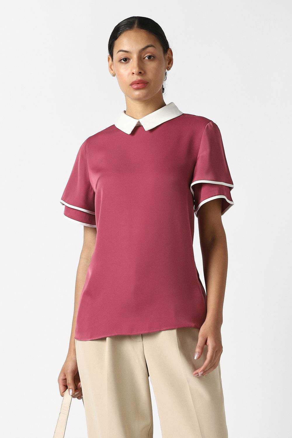 Women Pink Solid Formal Stylized Neck Top