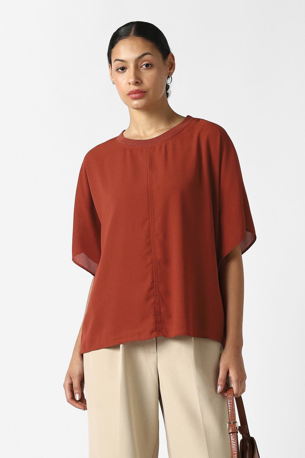 Women Brown Solid Formal Round Neck Top