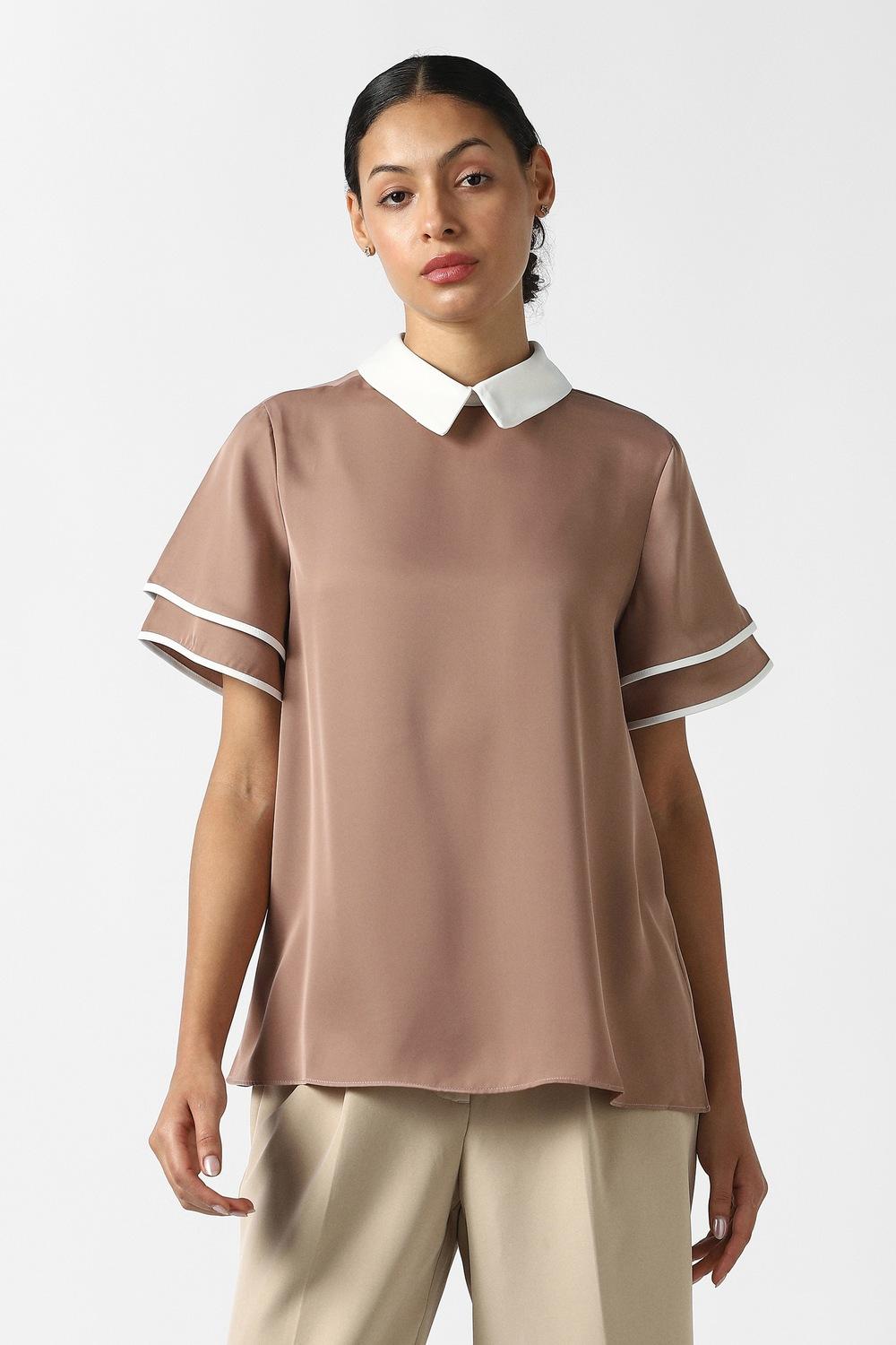 Women Brown Solid Formal Stylized Neck Top