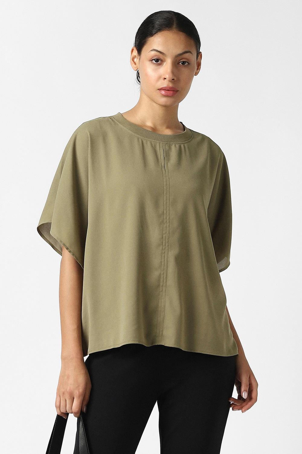 Women Olive Solid Formal Round Neck Top