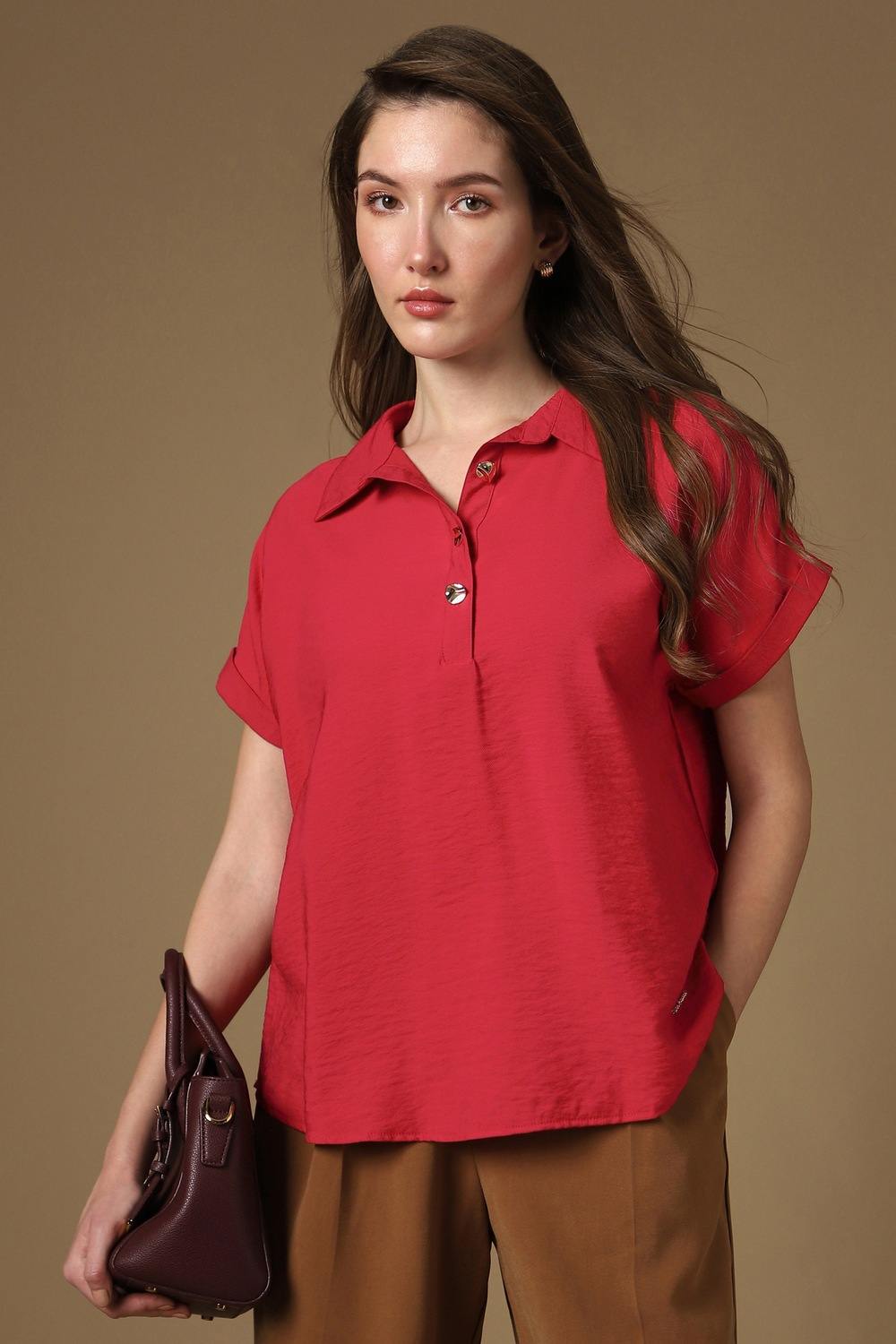 Women Red Solid Casual Stylized Neck Top