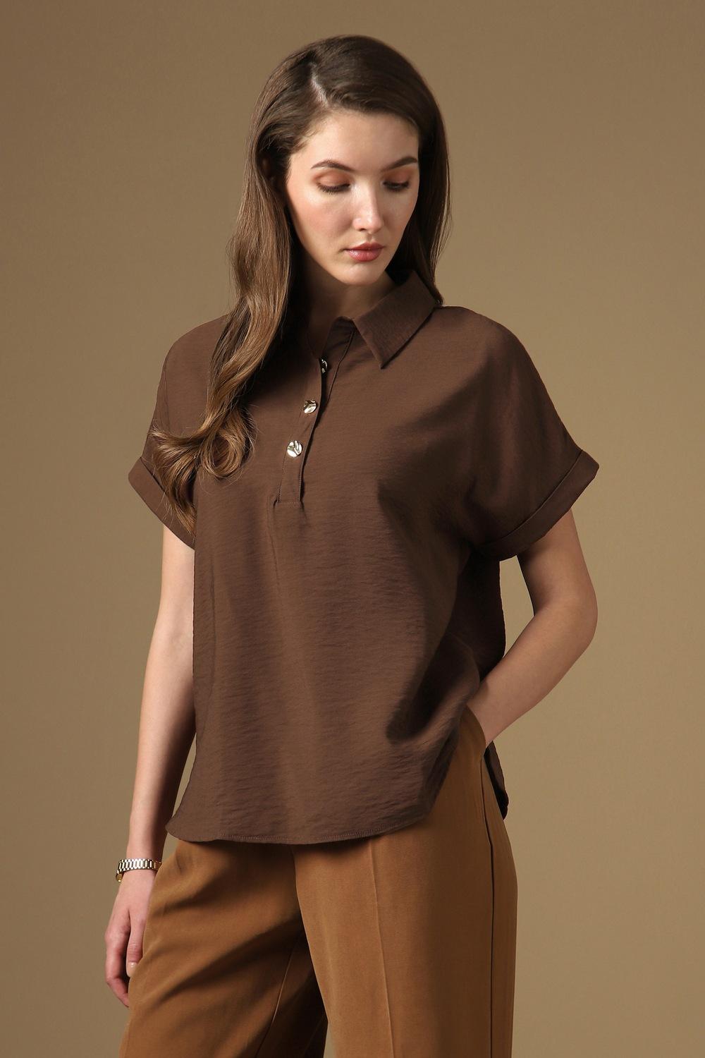 Women Brown Solid Casual Stylized Neck Top