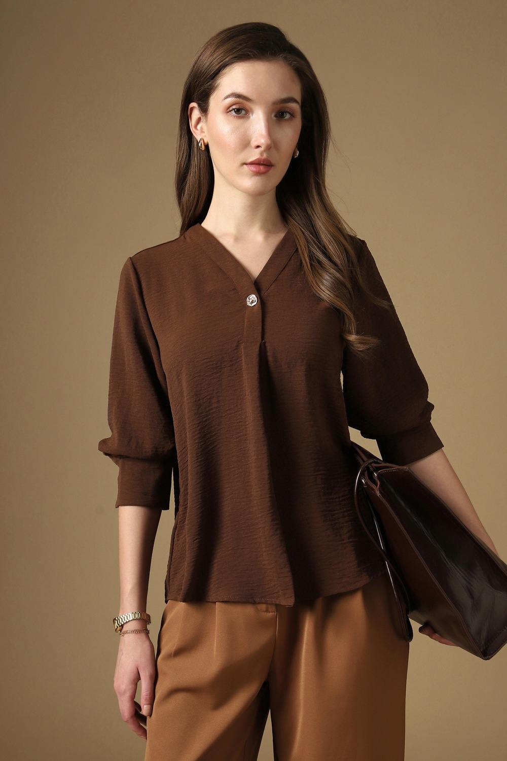 Women Brown Solid Casual V Neck Top