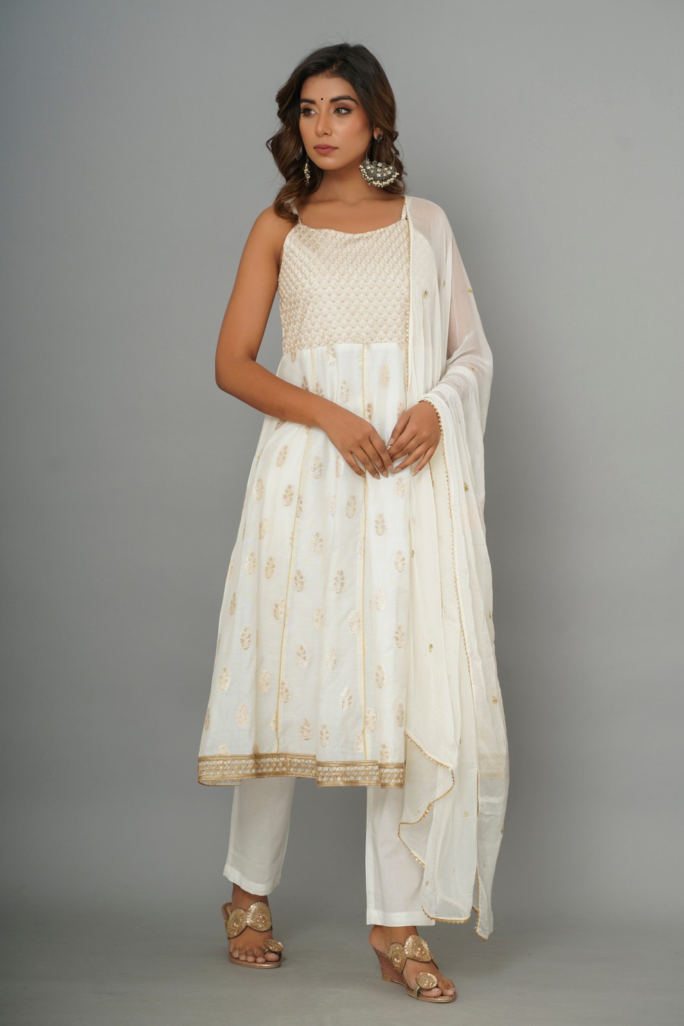 White Chanderi Anarkali Kurta Pant With Dupatta