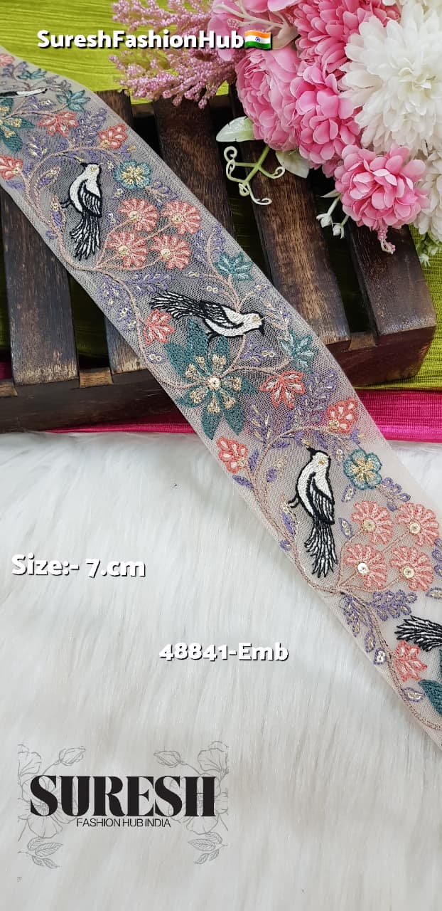 Peach Twin Bird Floral Embroidery Lace – 48841-Emb