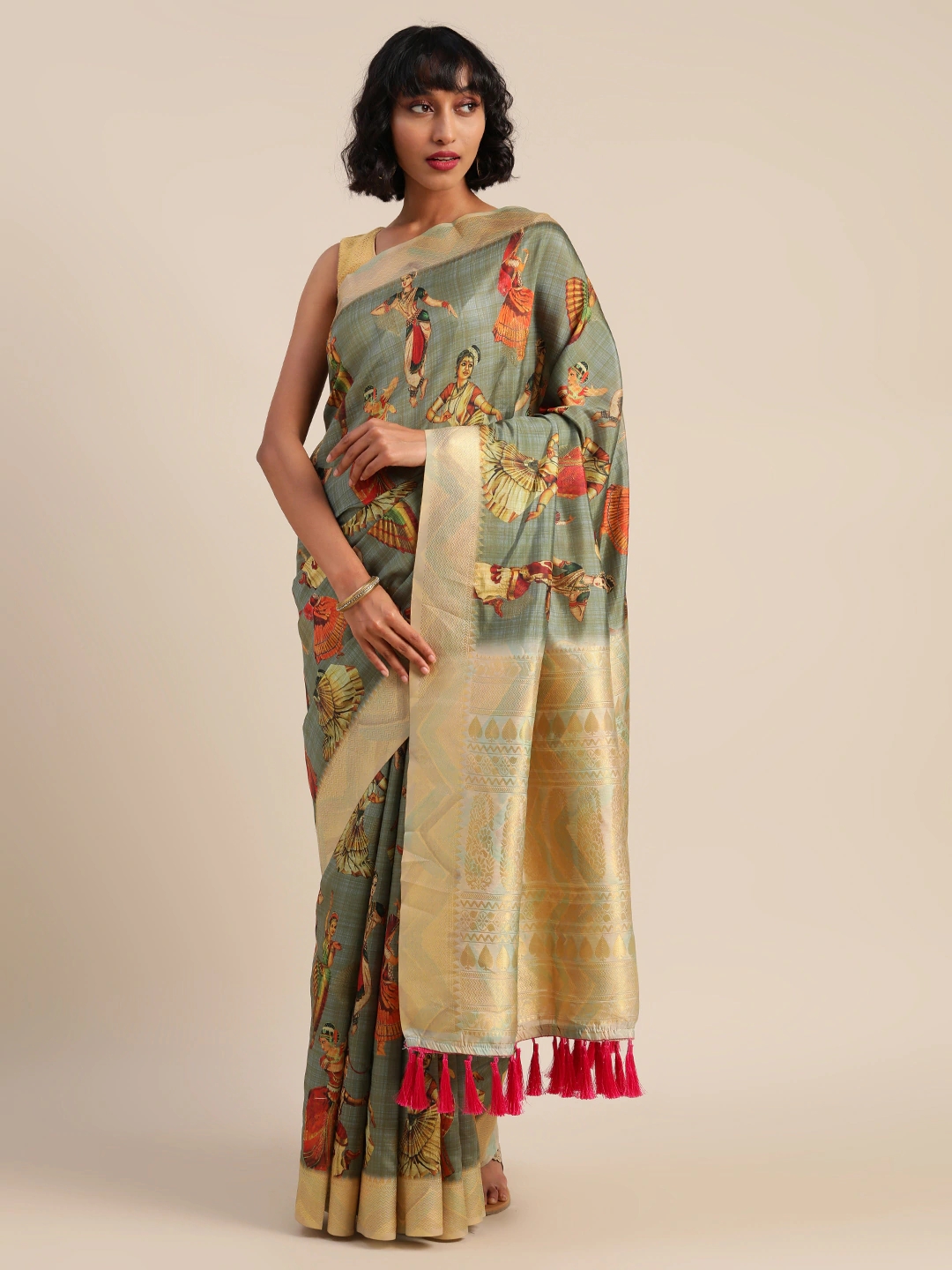 Vastranand | VASTRANAND  Grey & Golden Silk Blend Kalamkari Printed Festive Saree 0