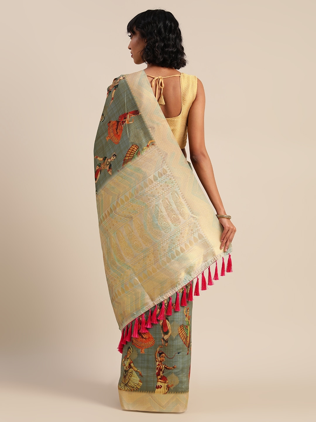 Vastranand | VASTRANAND  Grey & Golden Silk Blend Kalamkari Printed Festive Saree 1