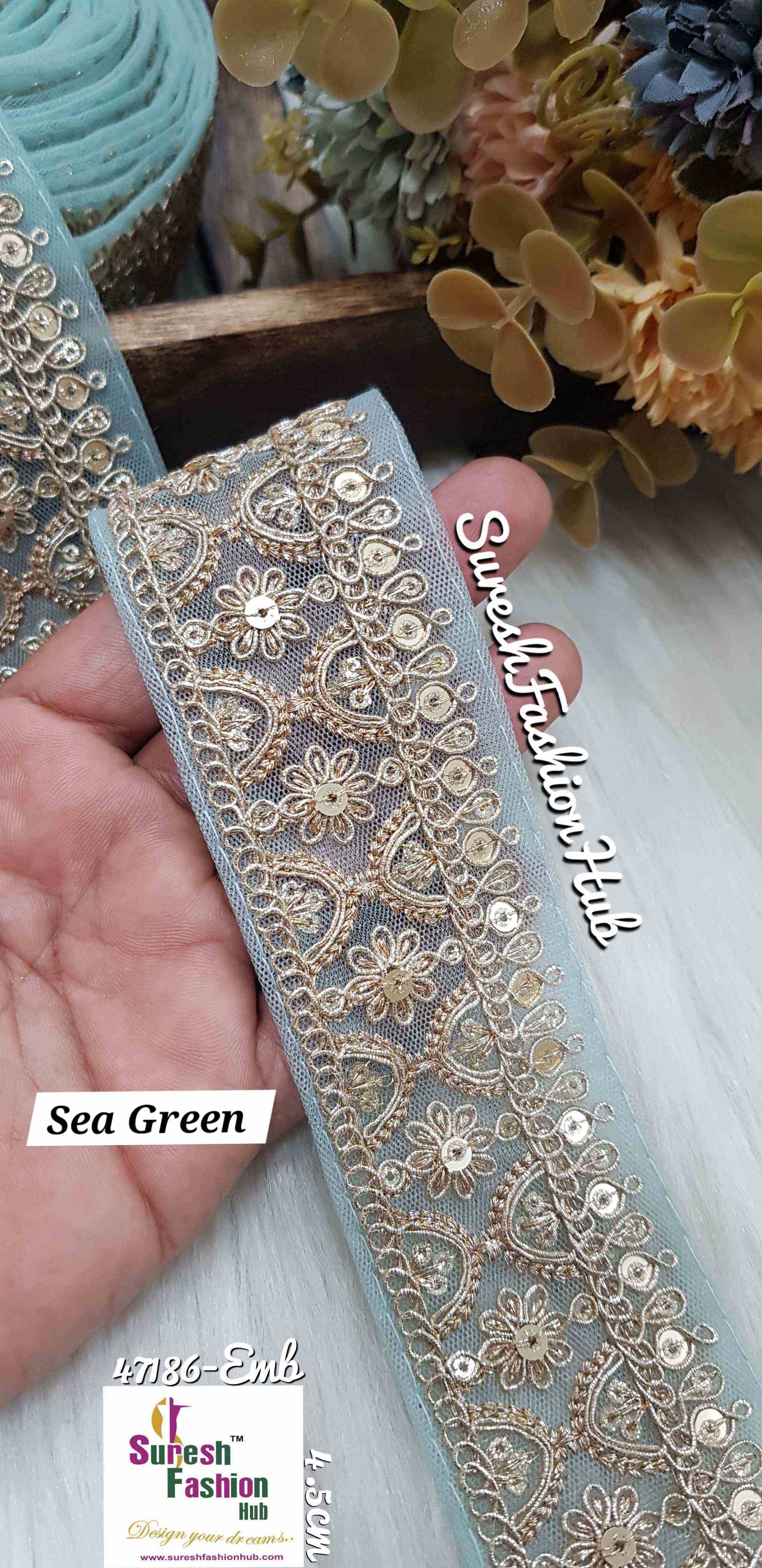 SeaGreen Floral Pearl Embroidery Lace
