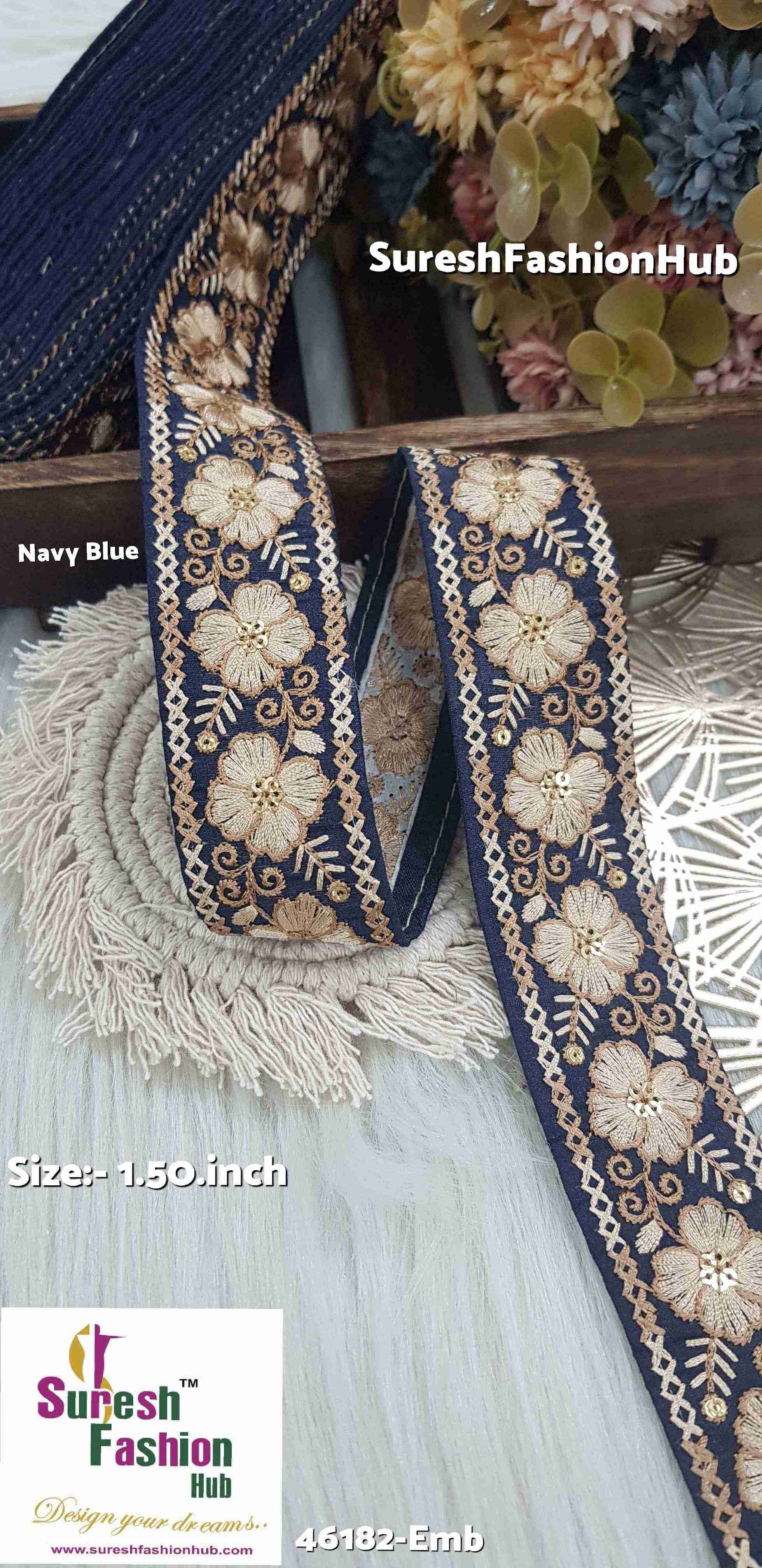 Jute-Colored Thread Navy-Blue Embroidered Lace Fabric