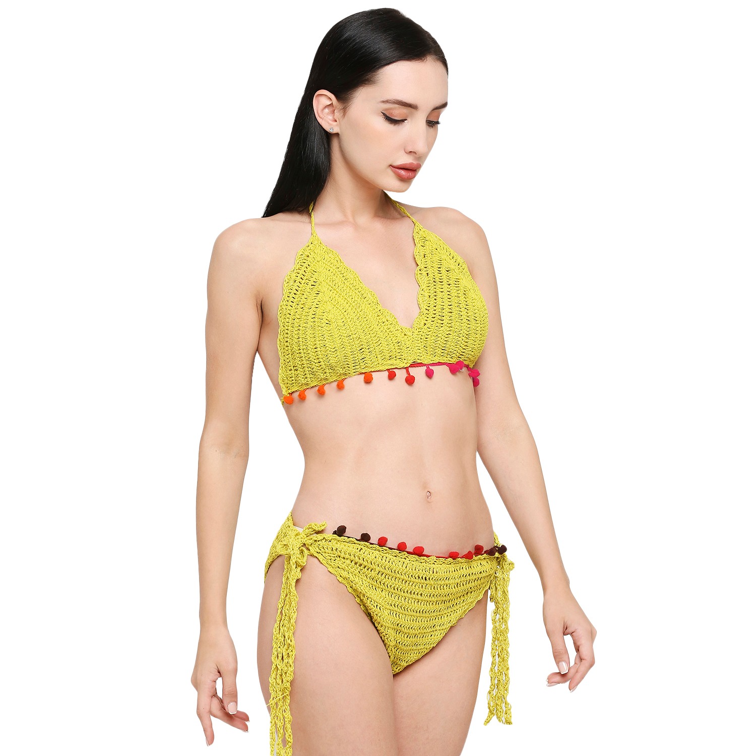 Smarty Pants women's pom pom lace crochet lime green color bikini .