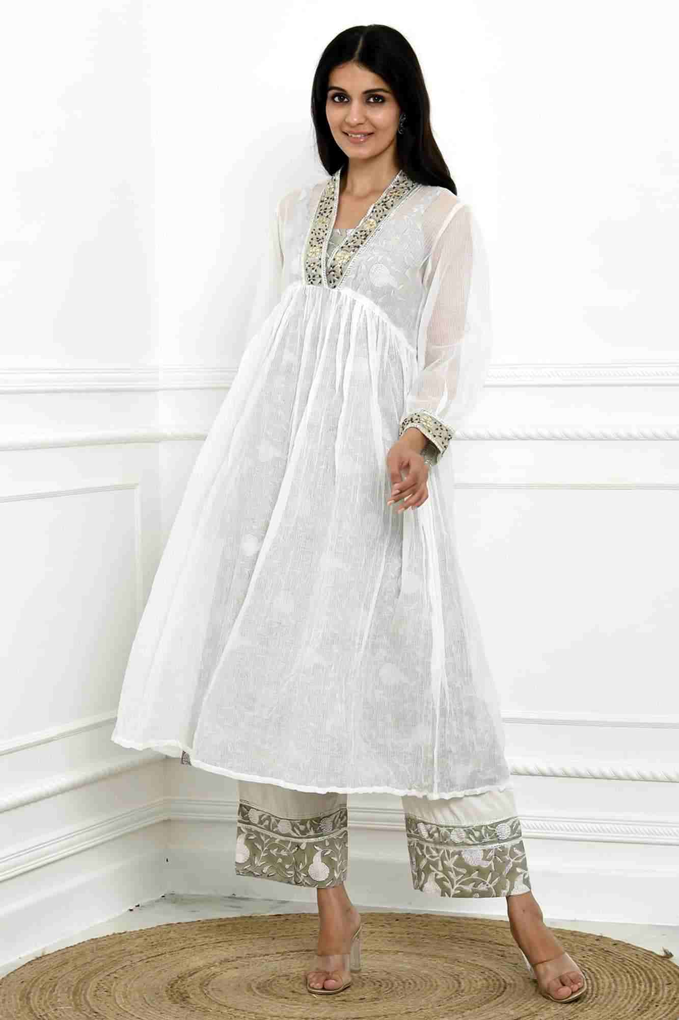 Naksh White Kota Doriya Gathered Kurta With Printed Inner And Pants (Set of 3)