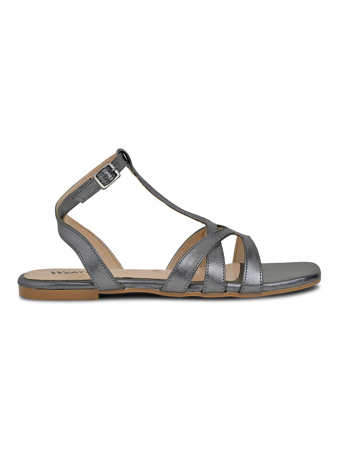 Metallic Grey Strappy Flat Sandals