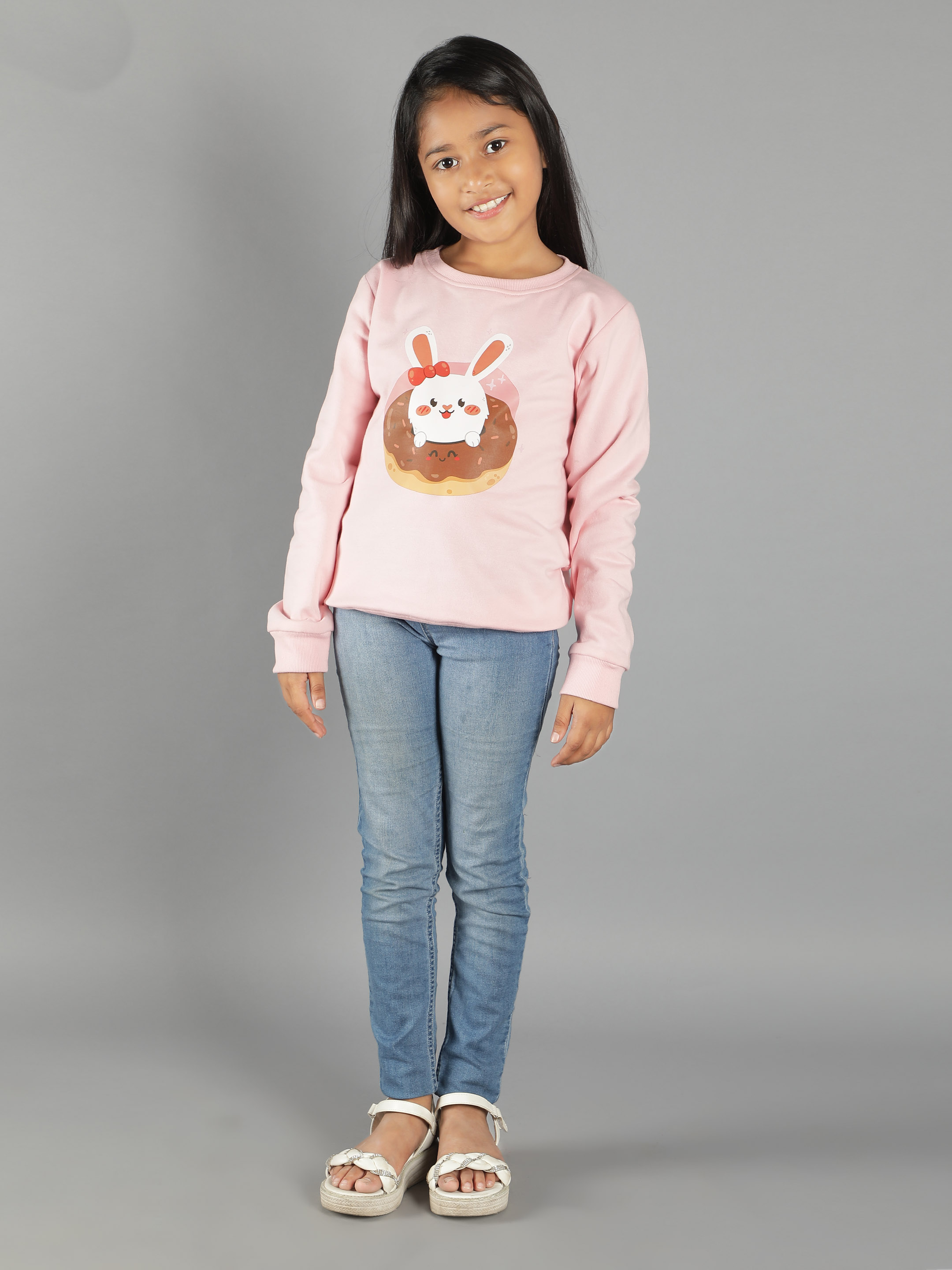 Ninos Dreams Bunny Doughnut Print Pink Full Sleeves for Girls Sweatshirt-Pink