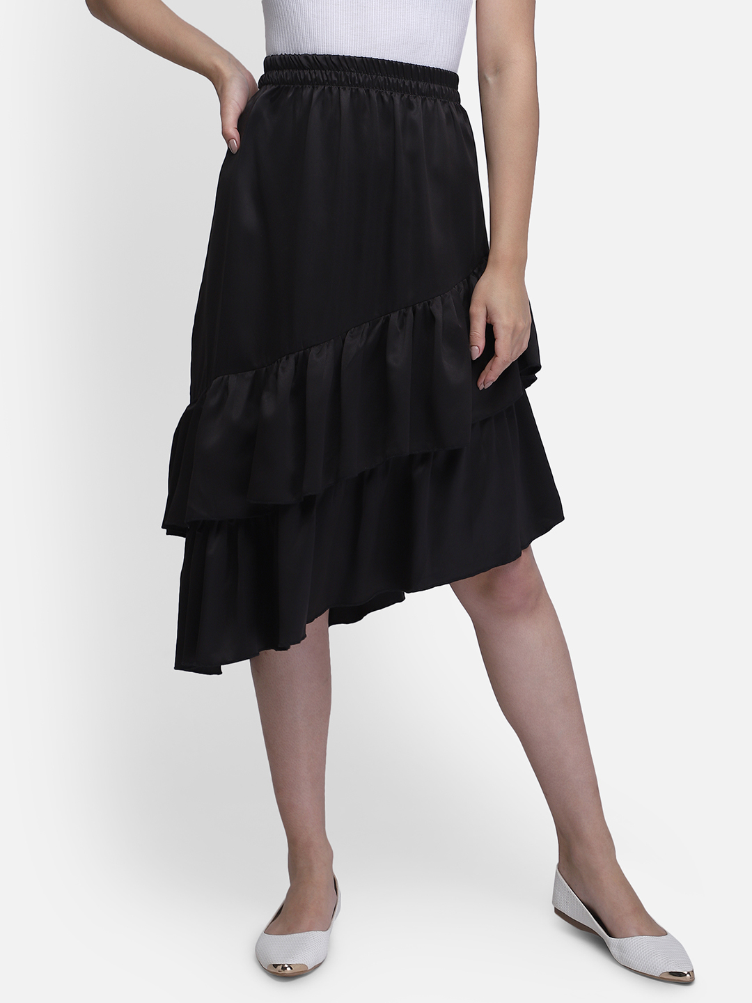 Smarty Pants women s silk satin black color double frill layer skirt