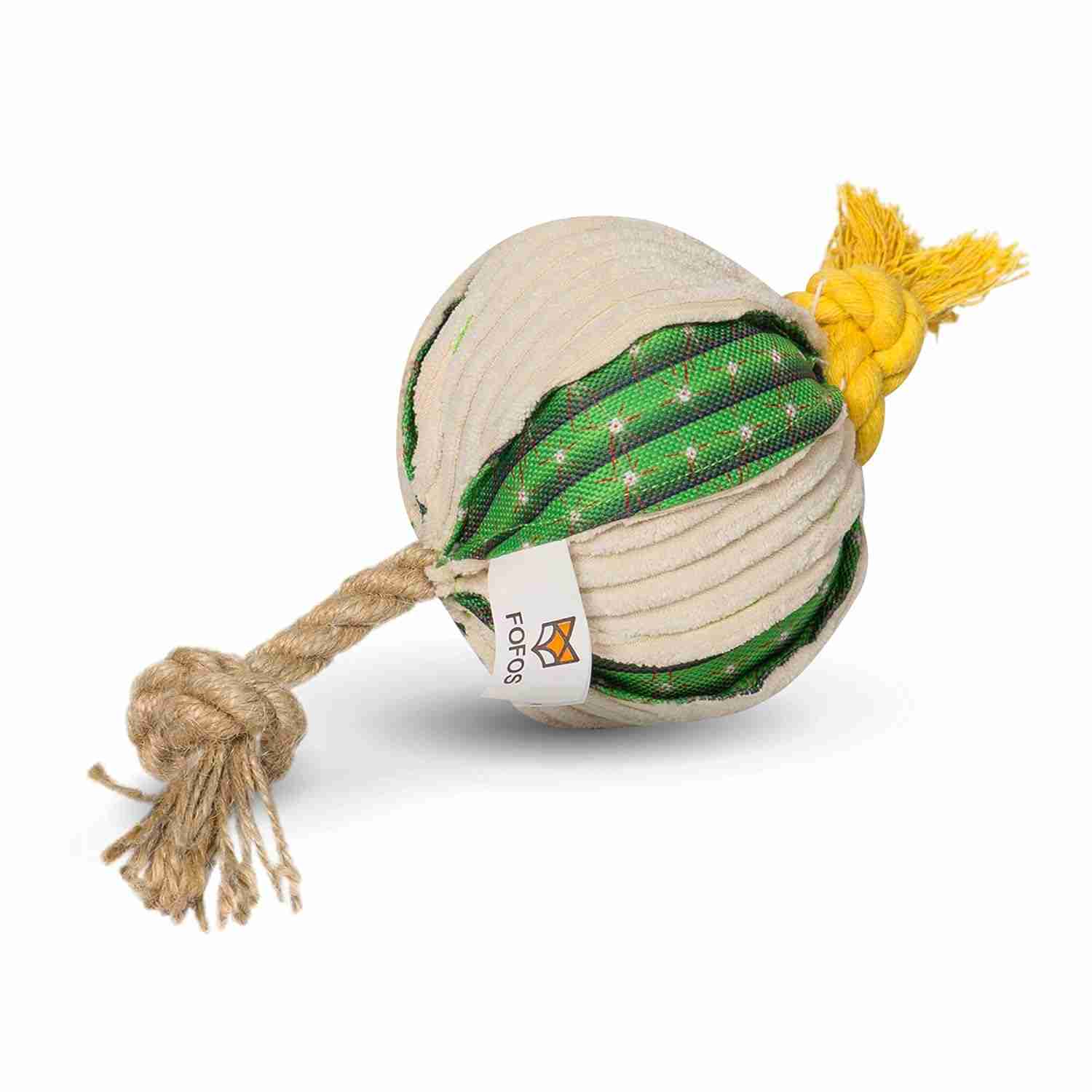 Fofos Cactus Ball with Hemp Rope Stuffed Soft Squeaky Plush Dog Toy (Medium)