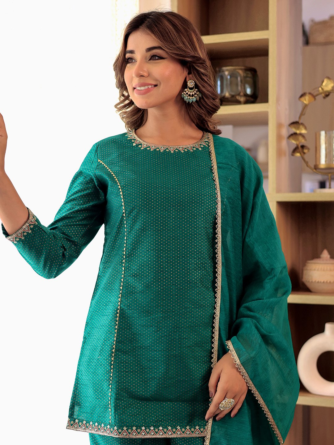 GREEN EMBROIDERED KURTA WITH BELL BOTTOM PANT & DUPATTA