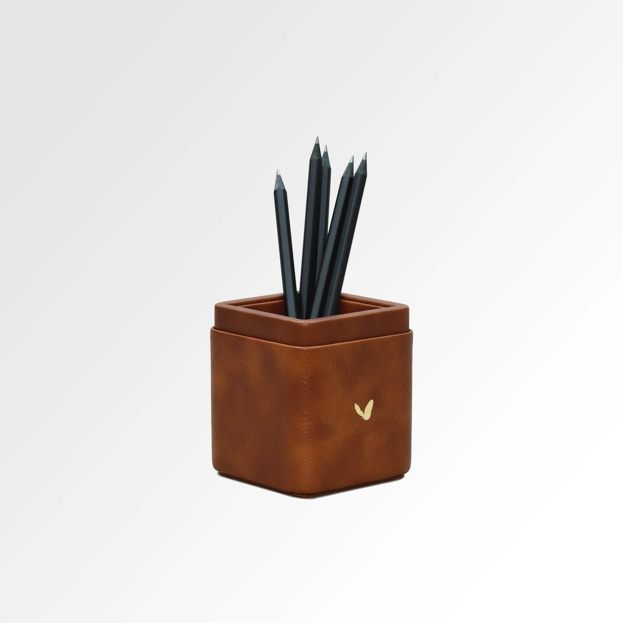 Tan faux leather square pen holder for desk organization