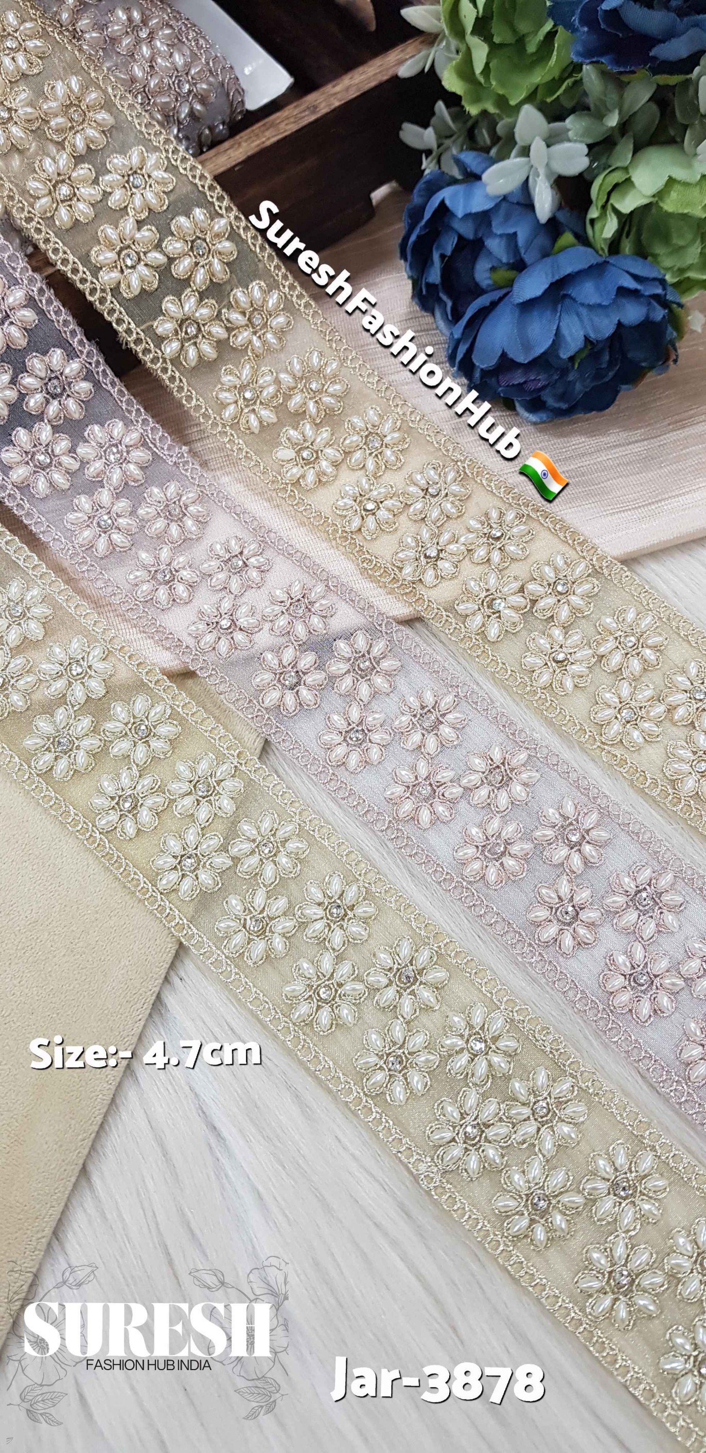 Gold Floral Diamond Pearl Dori Cutwork Lace