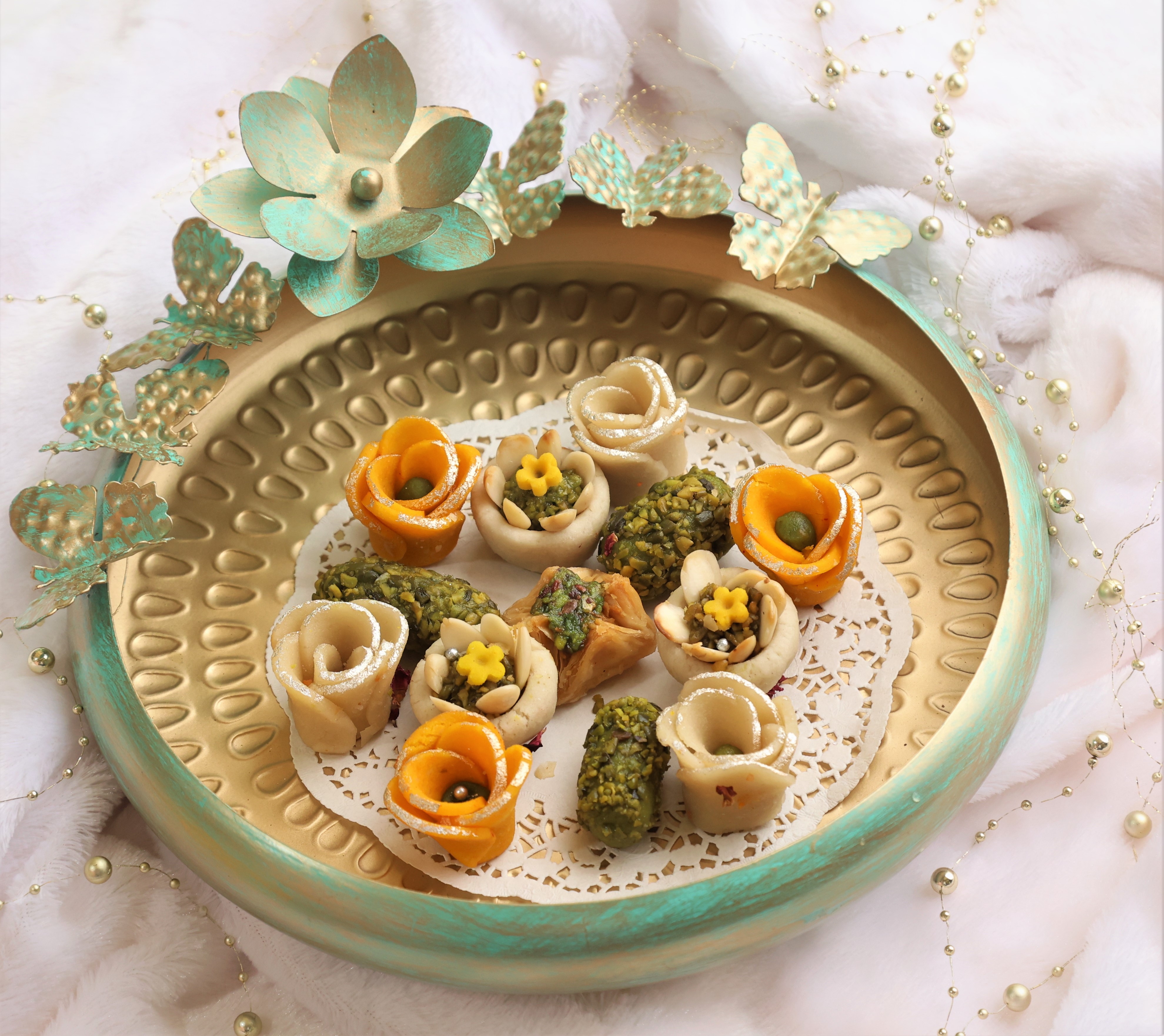 Floral art | Blue Gold Round Butterfly Platter (B) undefined