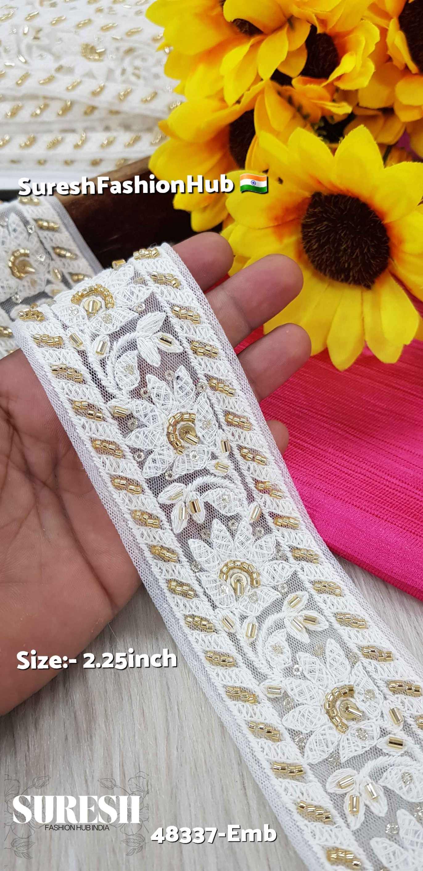 White with Gold Work Two-Side Border Lace – 48337-Emb
